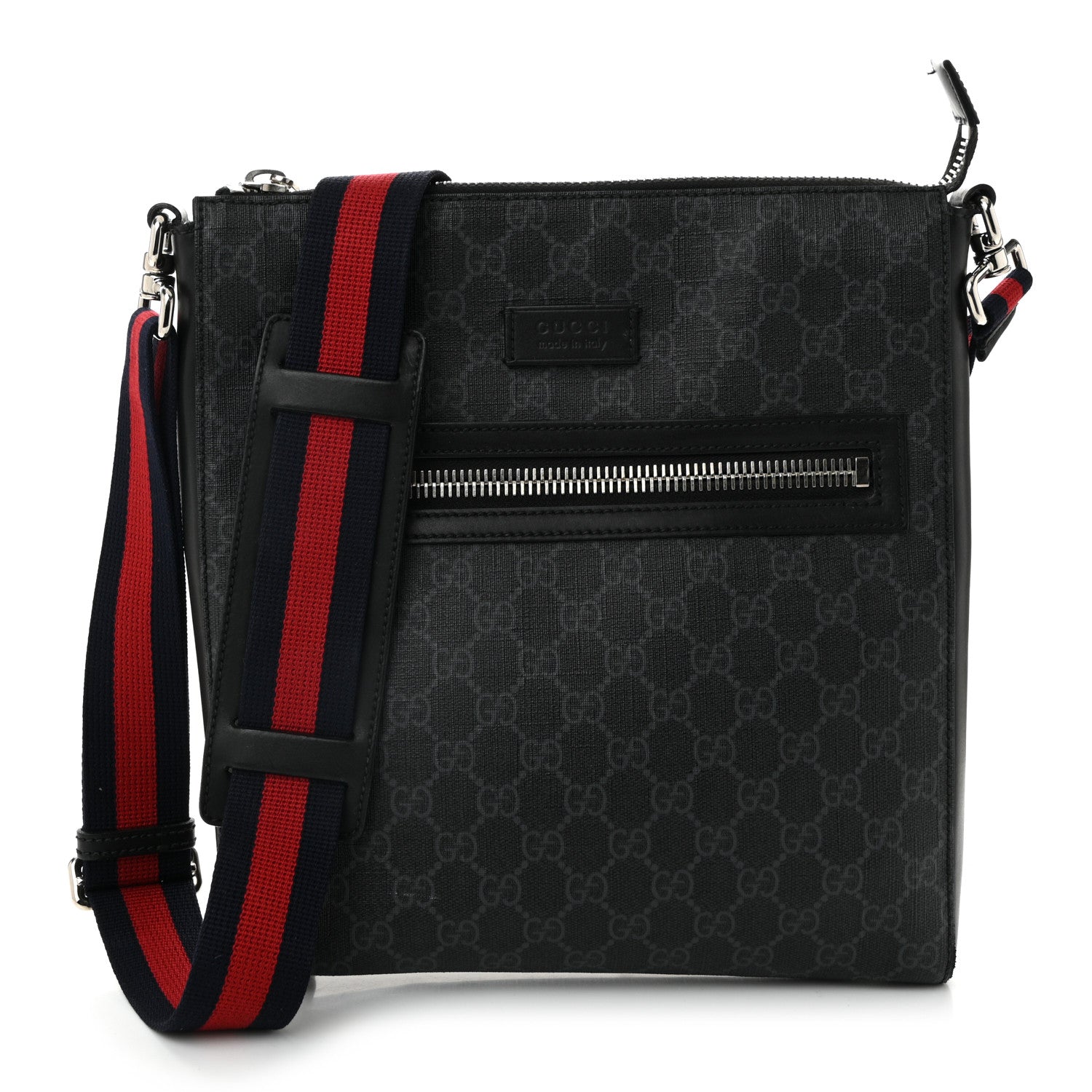 Gucci GG Supreme Monogram Web Small Flat Messenger Bag Black Grey 1 of 11