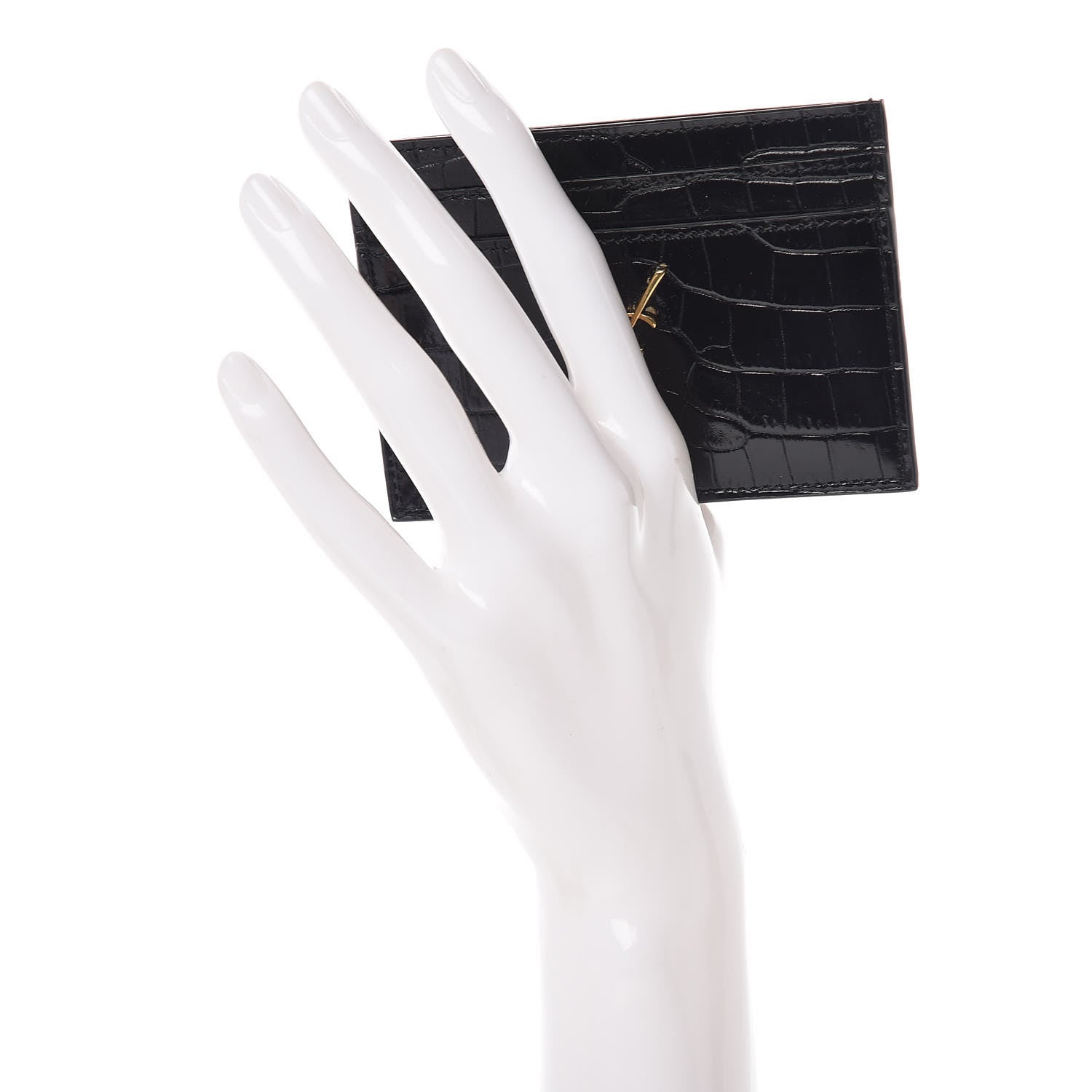 Saint Laurent Calfskin Crocodile Embossed Monogram Credit Card Case Black 2 of 8