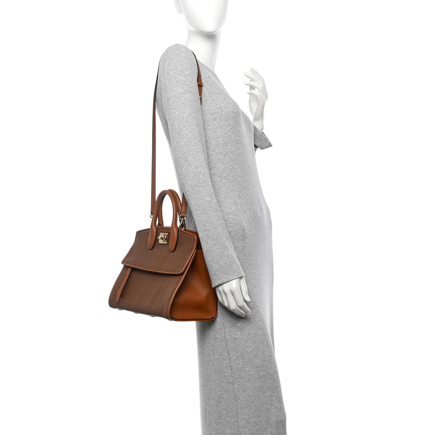 Woven Calfskin Medium Studio Top Handle Bag Tan Black