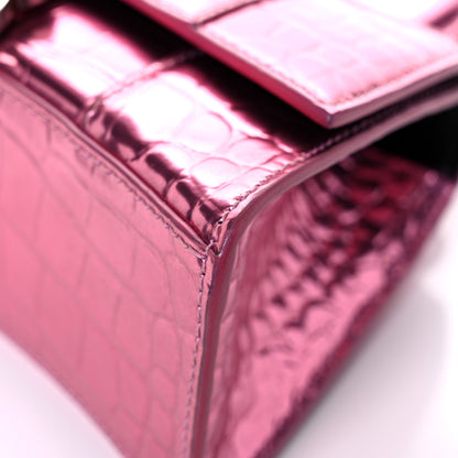 Balenciaga Metallic Shiny Calfskin Crocodile Embossed Hourglass Top Handle Bag XS Pink 9 of 18