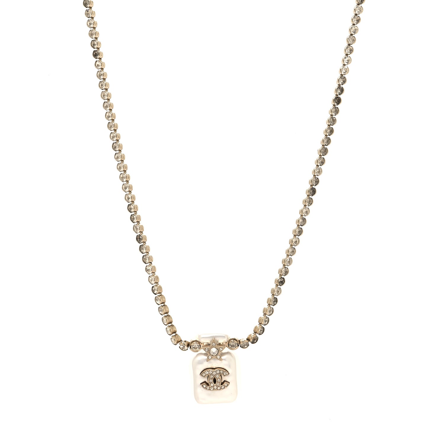 Pearl Resin Crystal CC Perfume Bottle Necklace Gold Pearly White