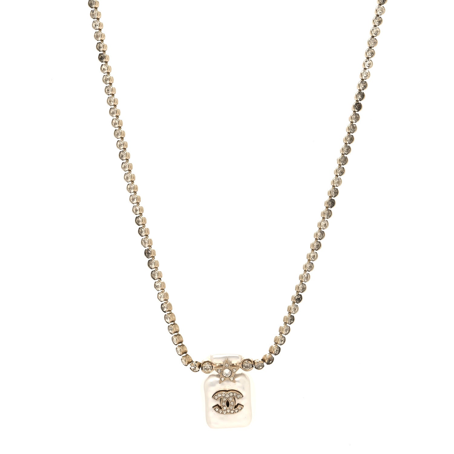 Chanel Pearl Resin Crystal CC Perfume Bottle Necklace Gold Pearly White 1 of 5