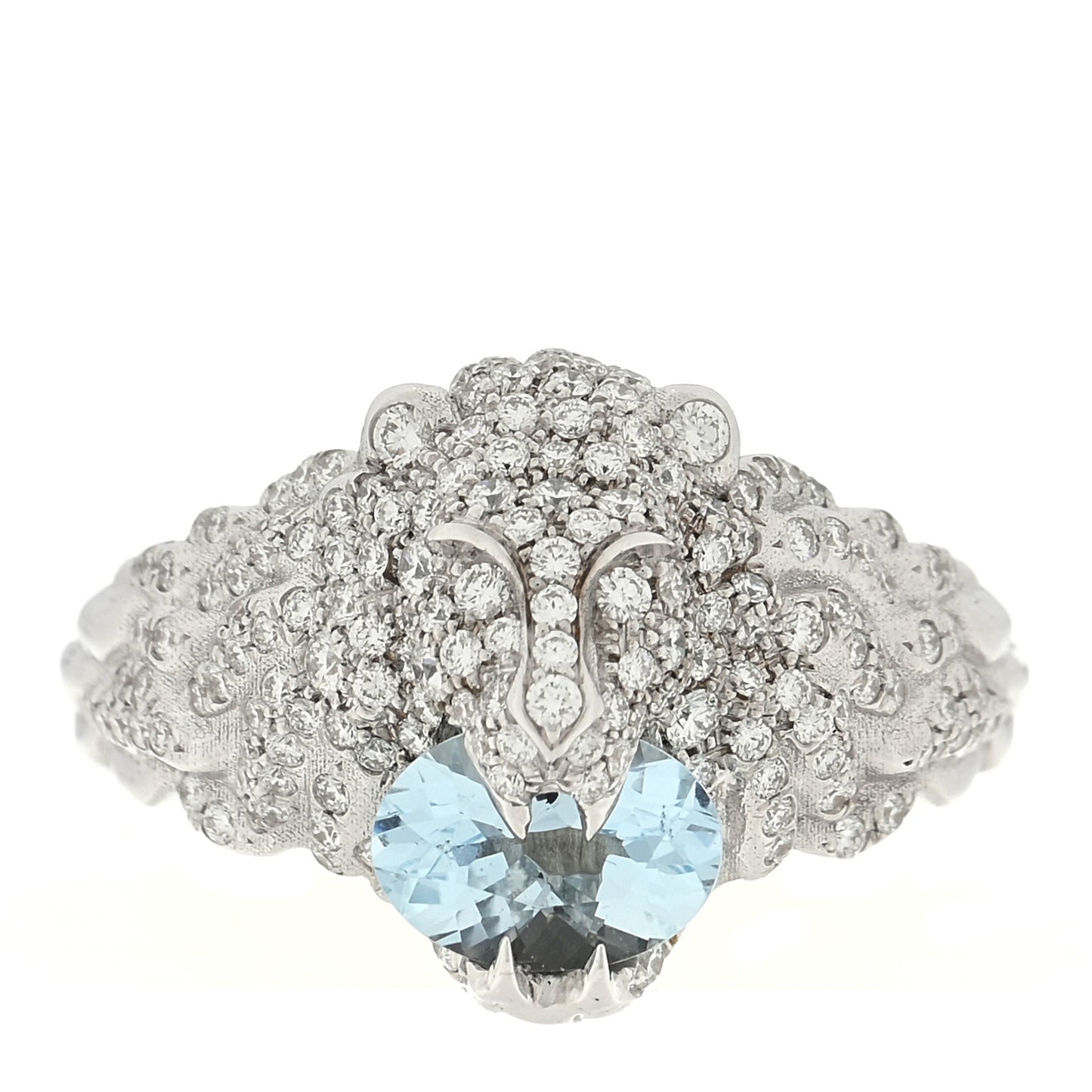 18K White Gold Diamond Aquamarine Pave Lion Head Ring 52 6