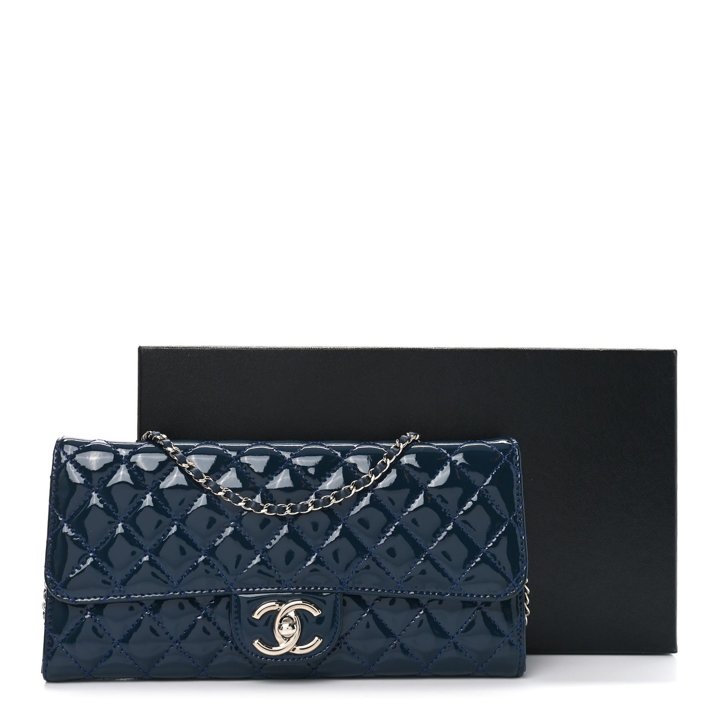 Patent Calfskin Quilted Brilliant East West Flap Clutch Blue