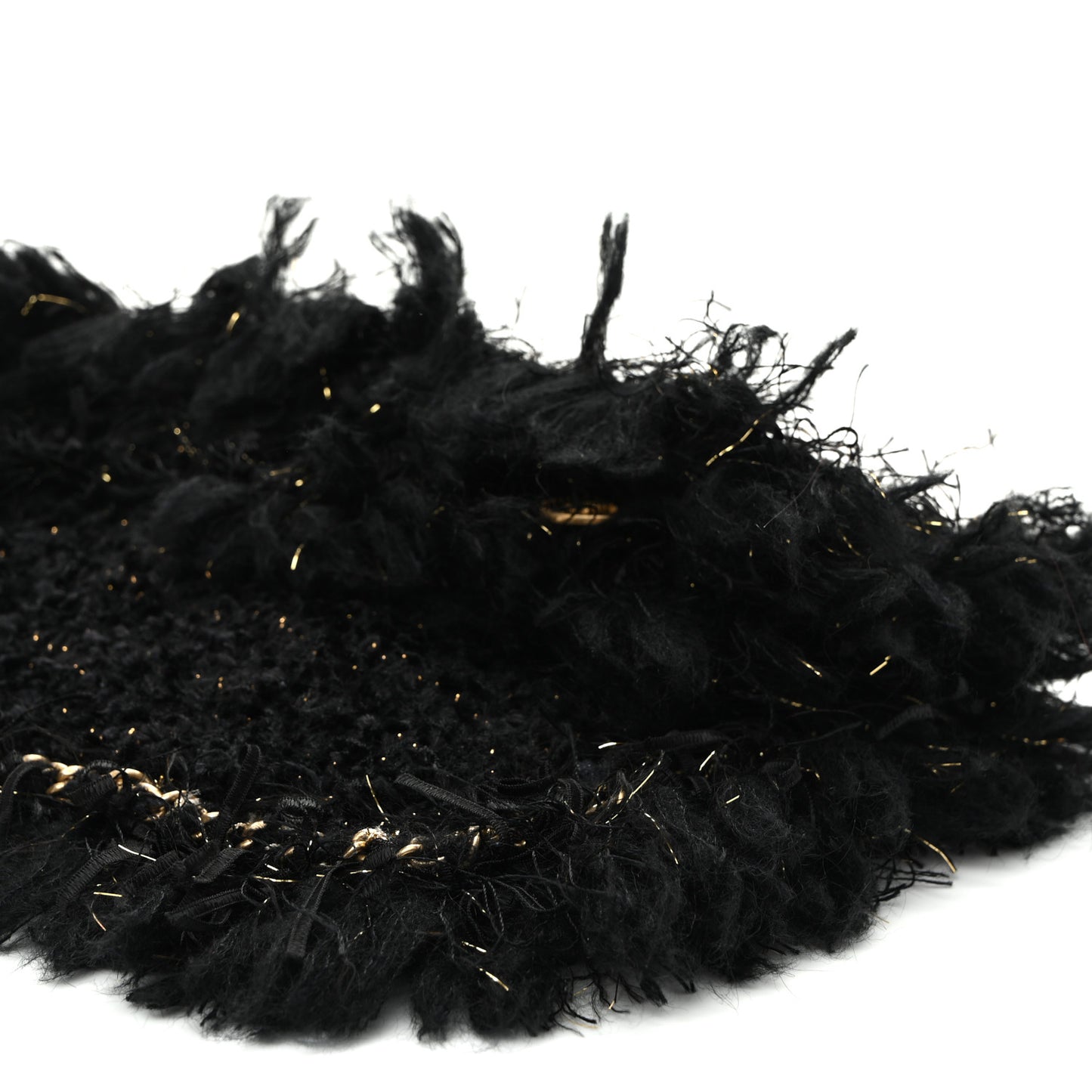 Tweed Fringe Quilted Chain Around Flap Clutch Black Gold