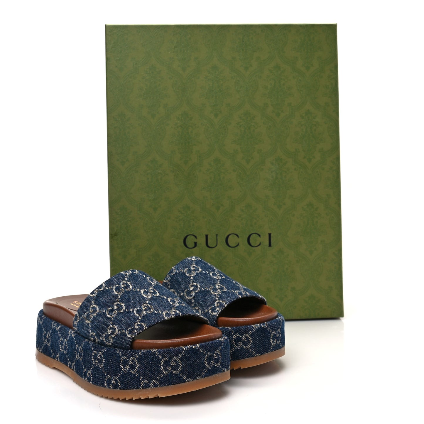 New Denim GG Monogram Angelina Platform 55mm Slide Sandals 35.5 Blue Tea