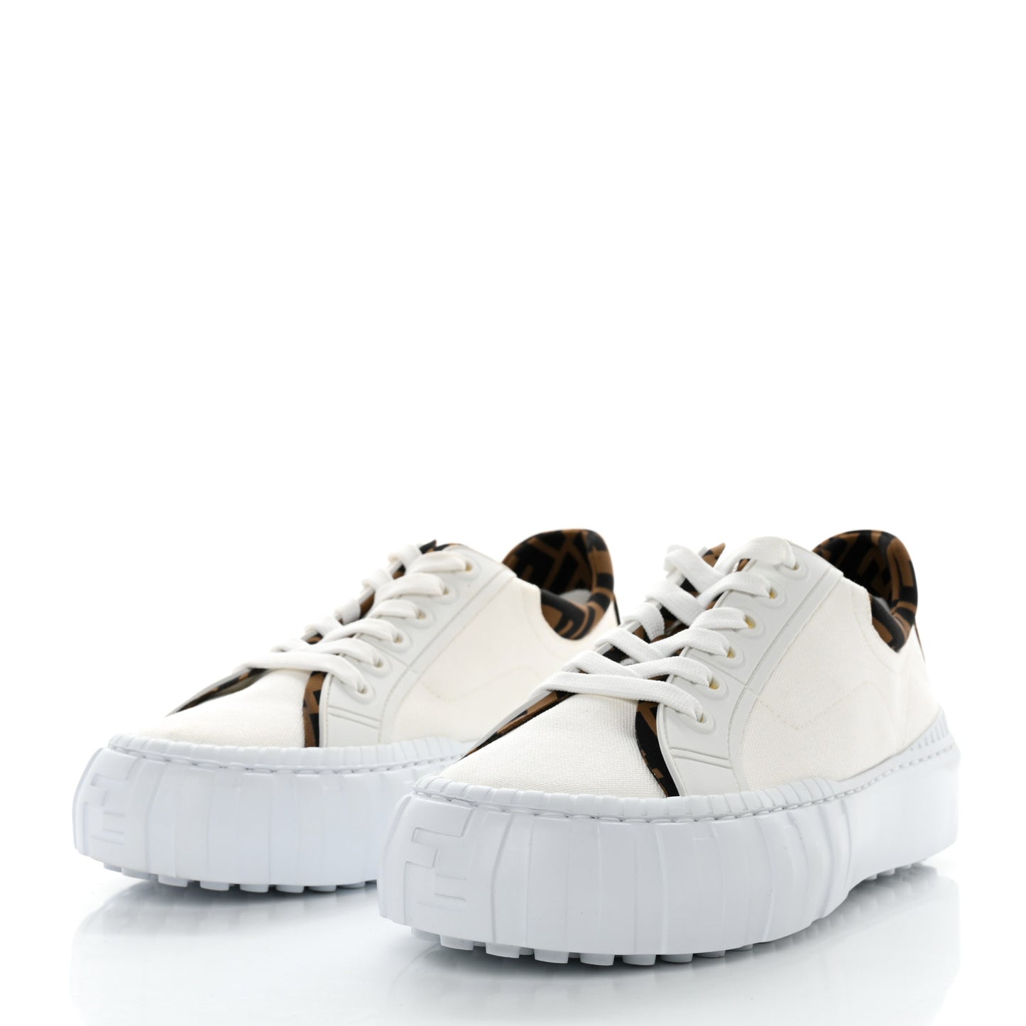 Fabric Jacquard Vitello Technical Fabric FF Womens Fendi Force Low Top Sneakers 41 White Tobacco
