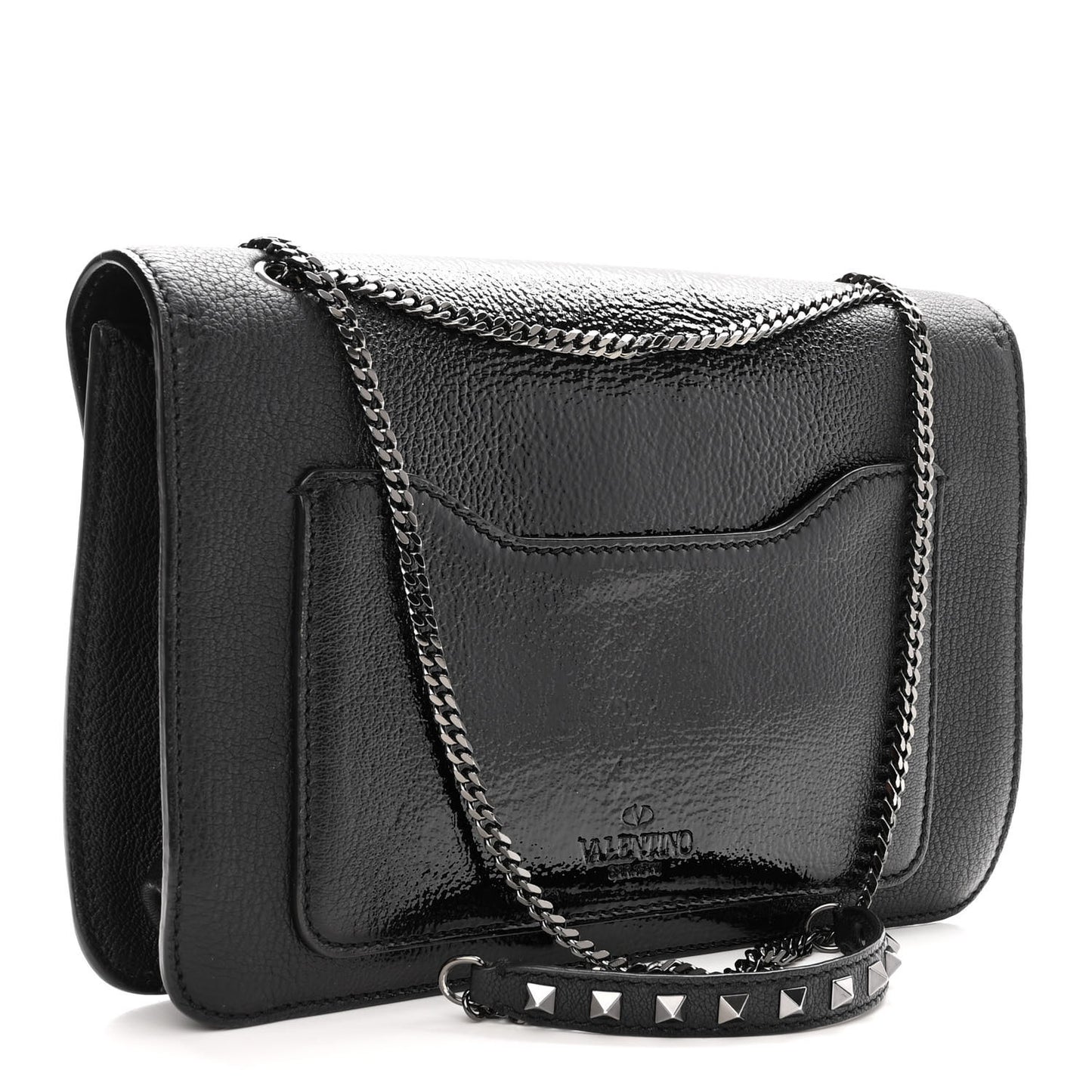 Patent Pebbled Calfskin Medium Rockstud Demilune Shoulder Bag Black