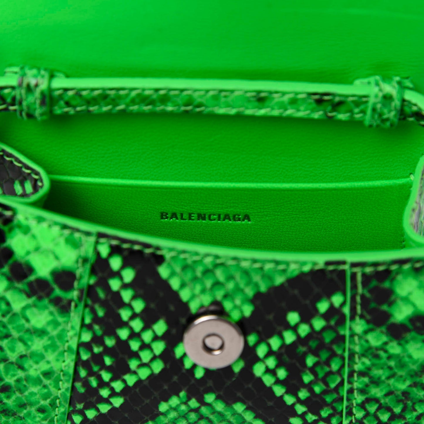Shiny Calfskin Python Effect Hourglass Top Handle Bag Mini Fluo Green Black