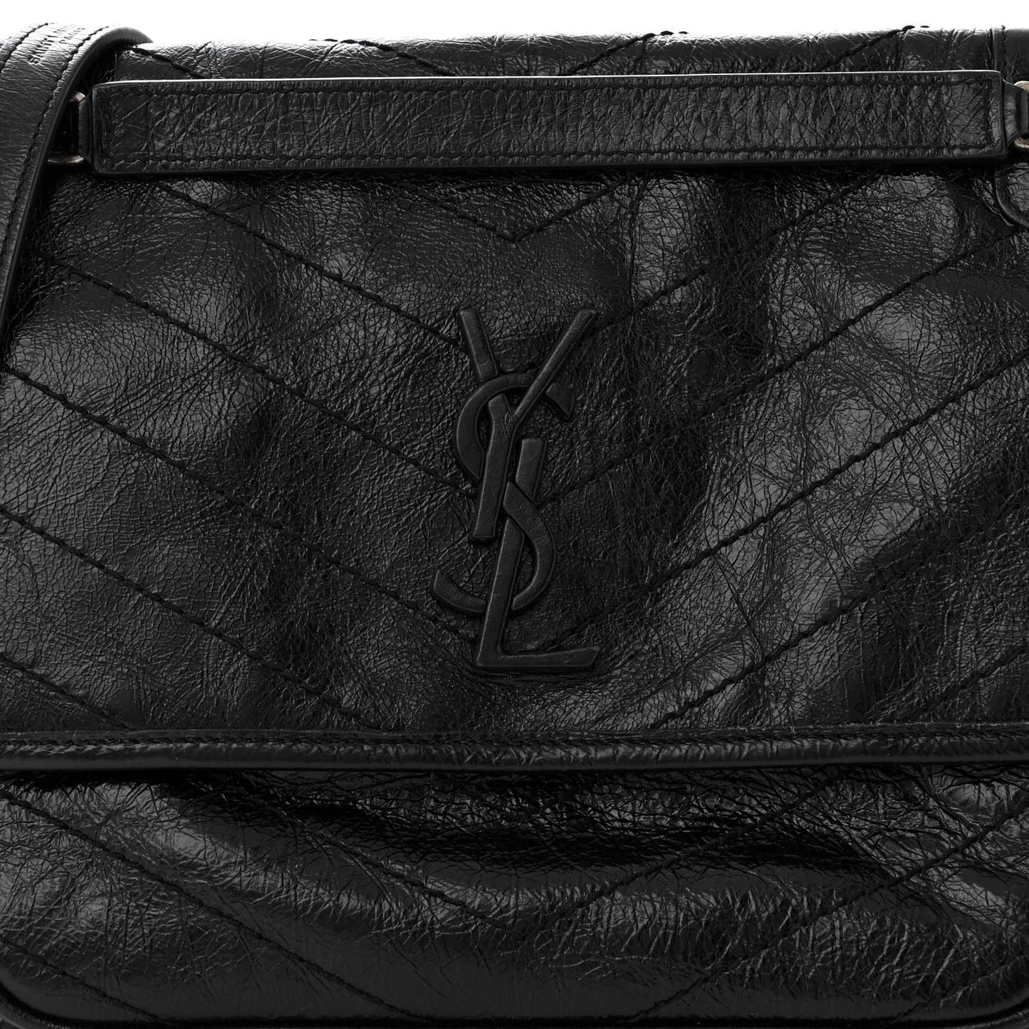 Crinkled Calfskin Matelasse Monogram Medium Niki Chain Satchel Black