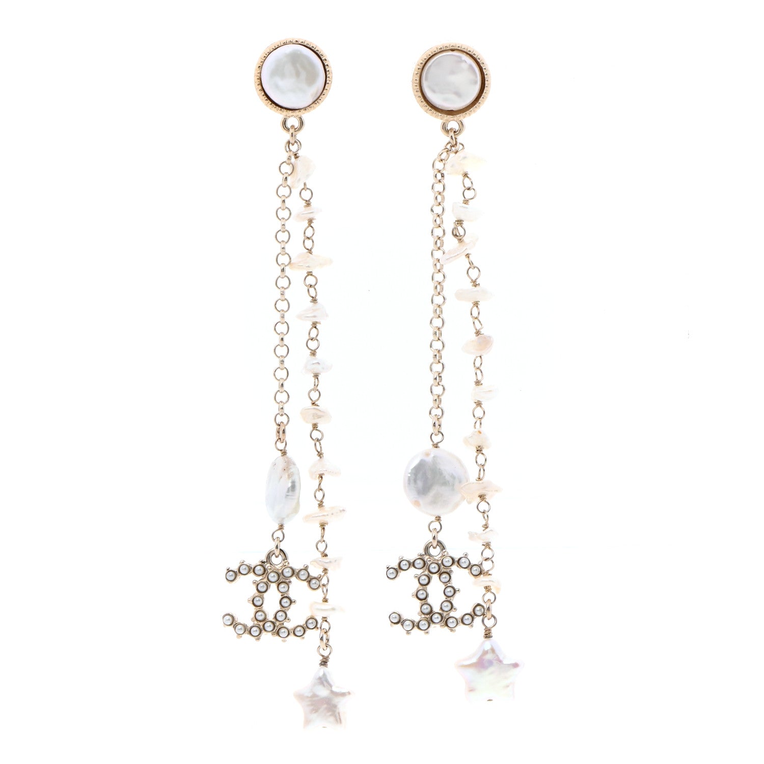 Chanel Crystal Mother of Pearl CC Star Dangle Earrings Gold 1 of 4