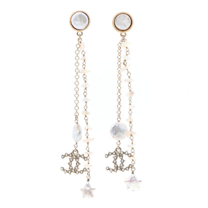 Chanel Crystal Mother of Pearl CC Star Dangle Earrings Gold 1 of 4