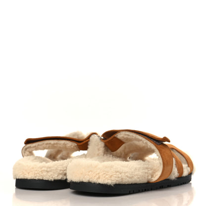 Hermes Suede Goatskin Woolskin Womens Chypre Sandals 39 Brun Fume Ecru 4 of 8