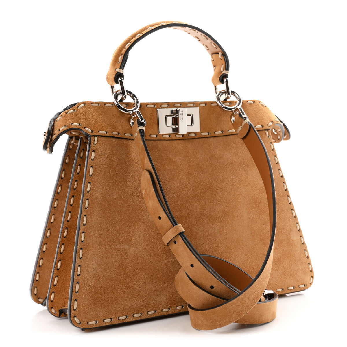 Fendi Suede Macro Stitchings Small Peekaboo Iconic Satchel Marrone 3 of 9