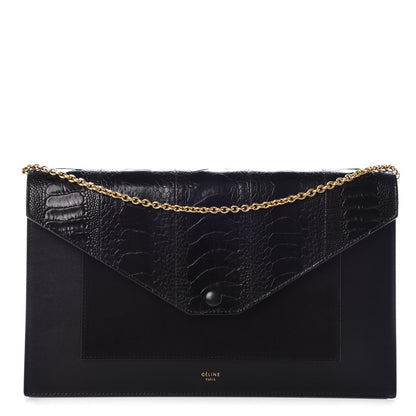 Celine Ostrich Leg Calfskin Suede Clutch on a Chain Black 1 of 8