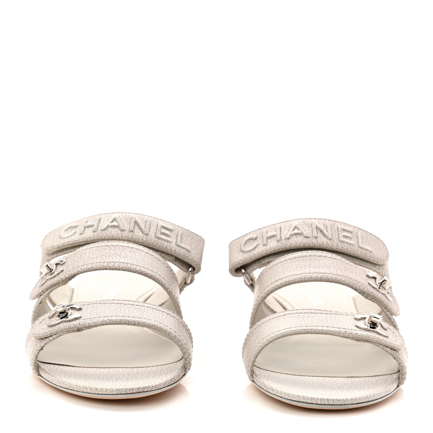 Chanel Iridescent Calfskin Logo CC Turnlock Sandals 37.5 Grey