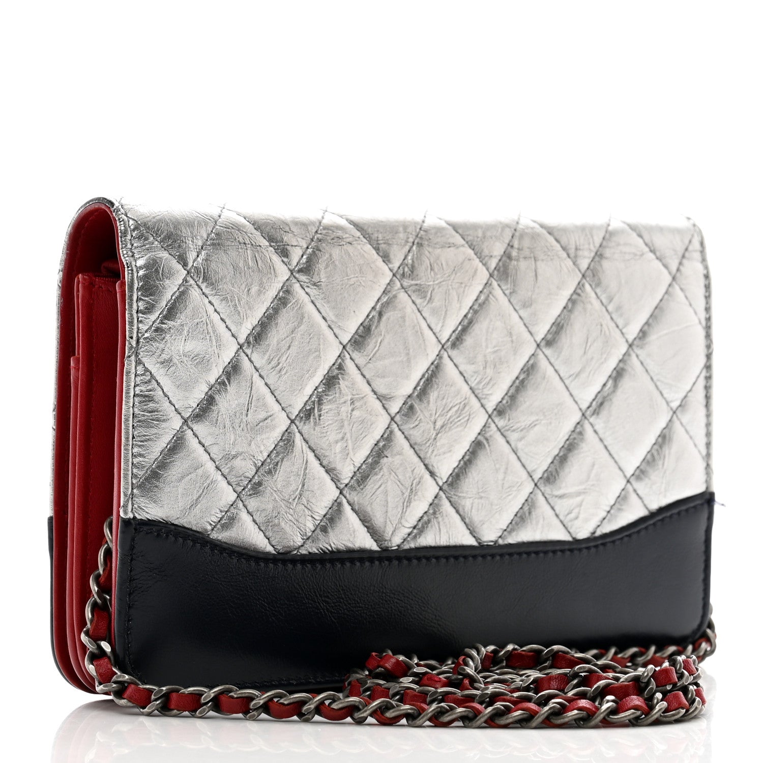 Chanel Metallic Aged Calfskin Quilted Gabrielle Wallet On Chain WOC Silver Black 3 of 14