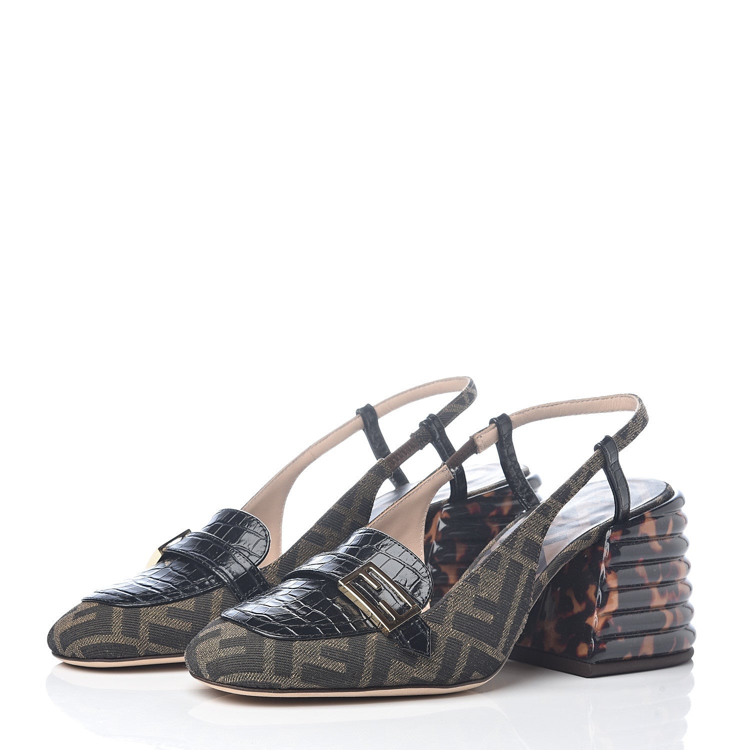 Fendi Jacquard Calfskin FF Tortoise Promenade Slingback Loafer Pumps 38 Tobacco 3 of 7