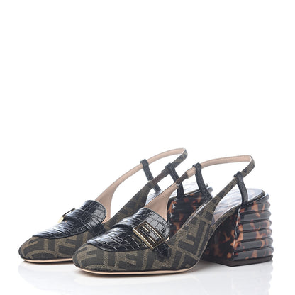 Fendi Jacquard Calfskin FF Tortoise Promenade Slingback Loafer Pumps 38 Tobacco 3 of 7
