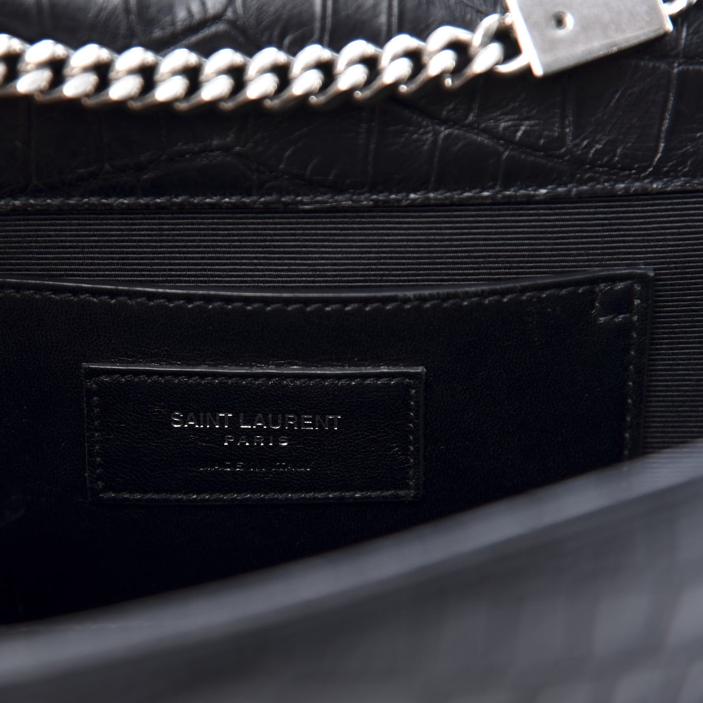 Calfskin Crocodile Embossed Medium Classic Monogram Kate Tassel Satchel Black