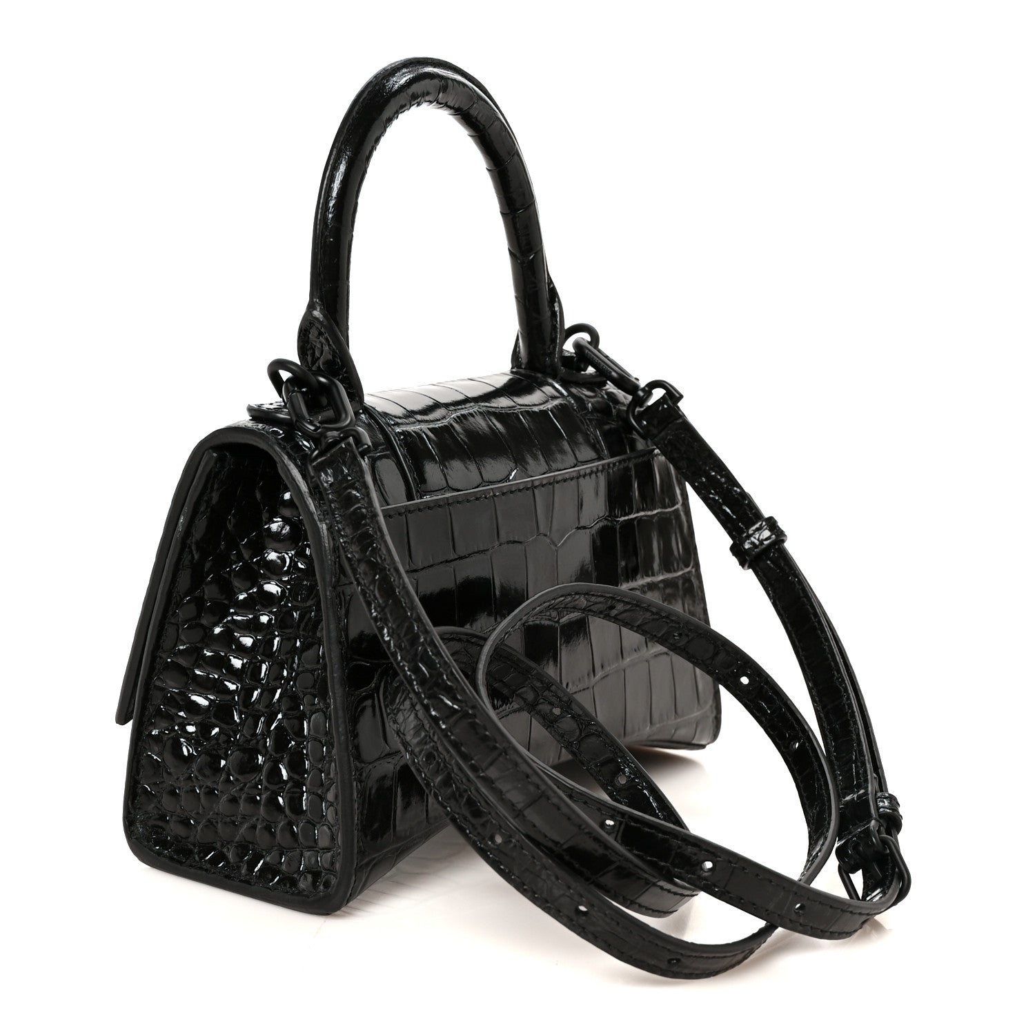 Balenciaga Shiny Calfskin Monochrome Crocodile Embossed Hourglass Top Handle Bag XS Black 3 of 11