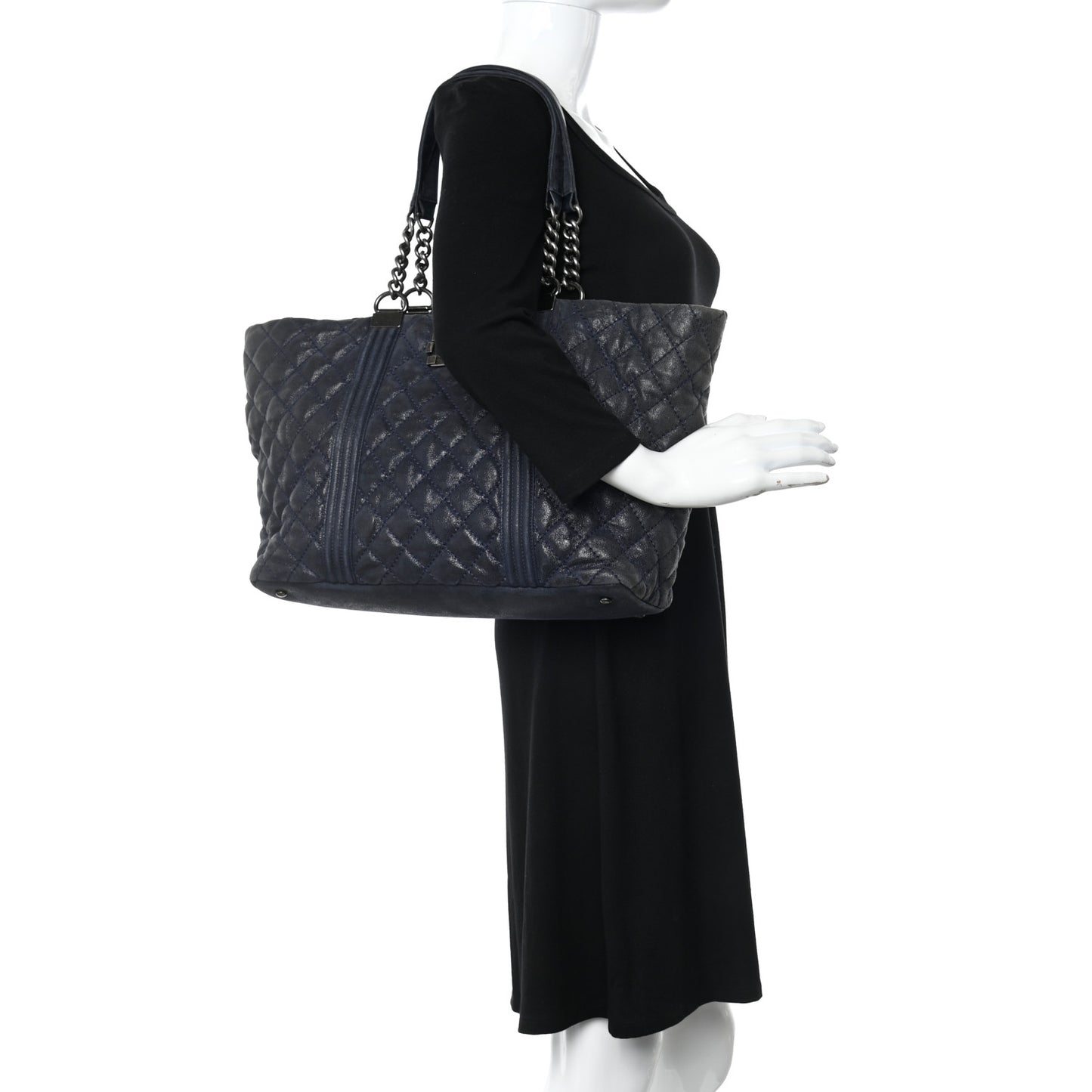 Iridescent Calfskin Quilted Large Gentle Boy Shopping Tote Navy