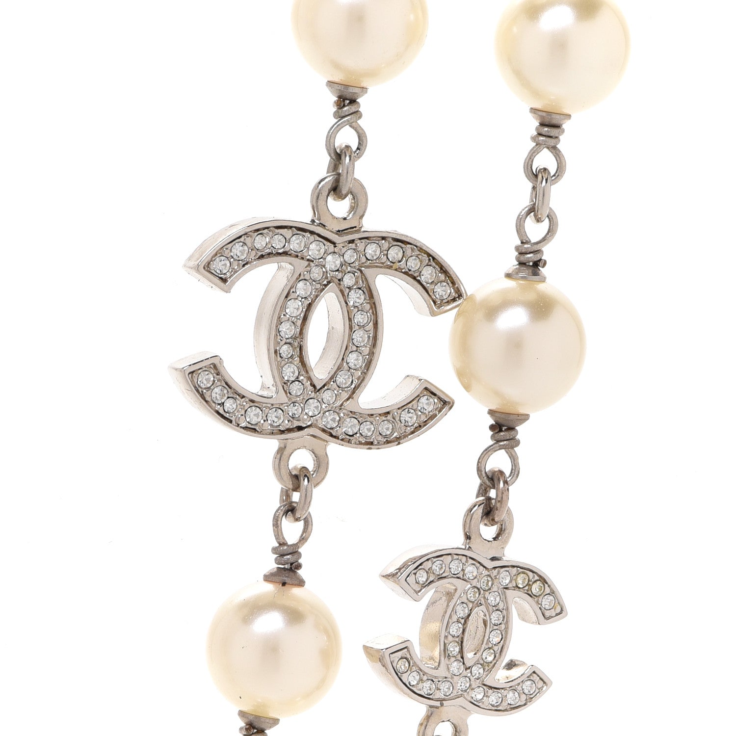 Chanel Crystal Pearl CC Long Necklace Silver 4 of 6