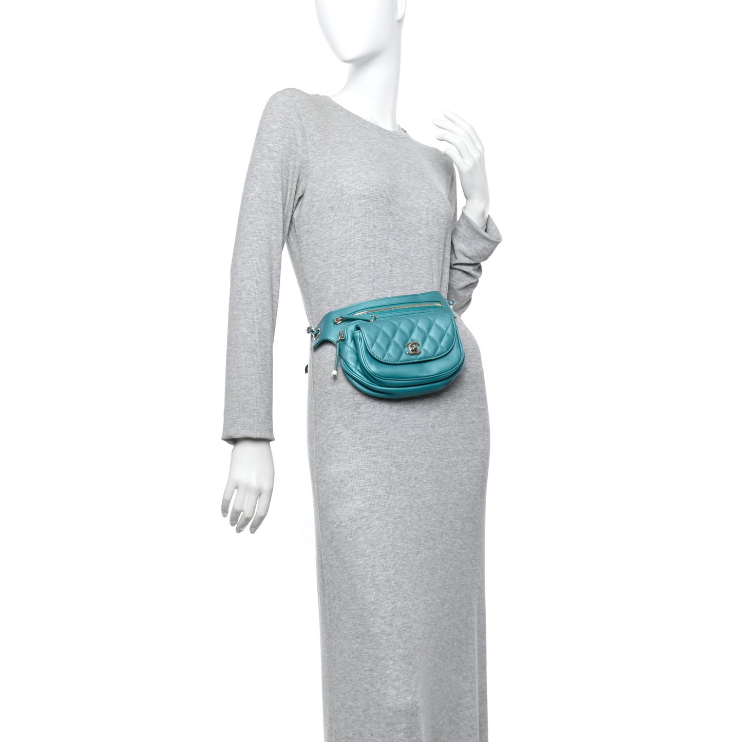 Metallic Calfskin Flap Chain Waist Bag Turquoise