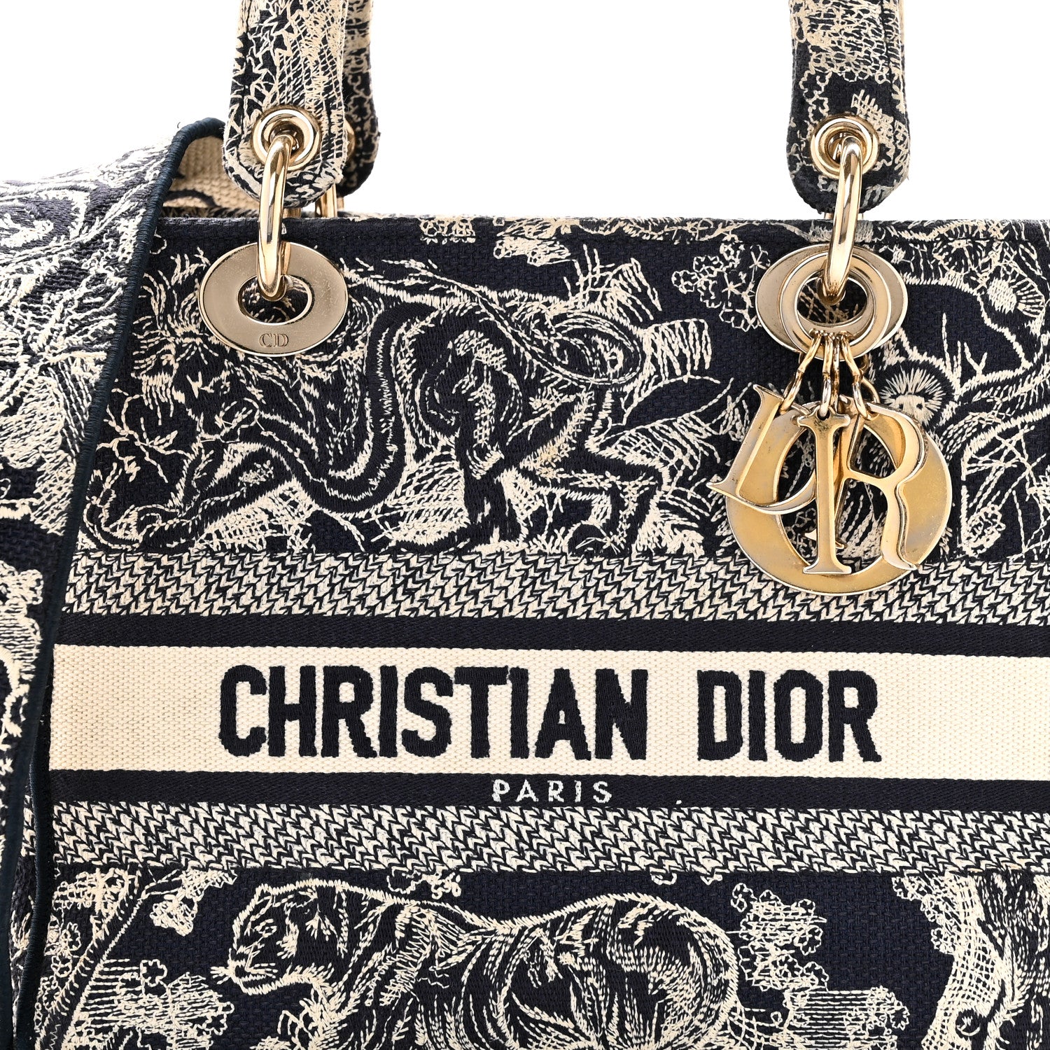 Christian Dior Canvas Toile De Jouy Embroidered Medium Lady D-Lite Navy 8 of 10