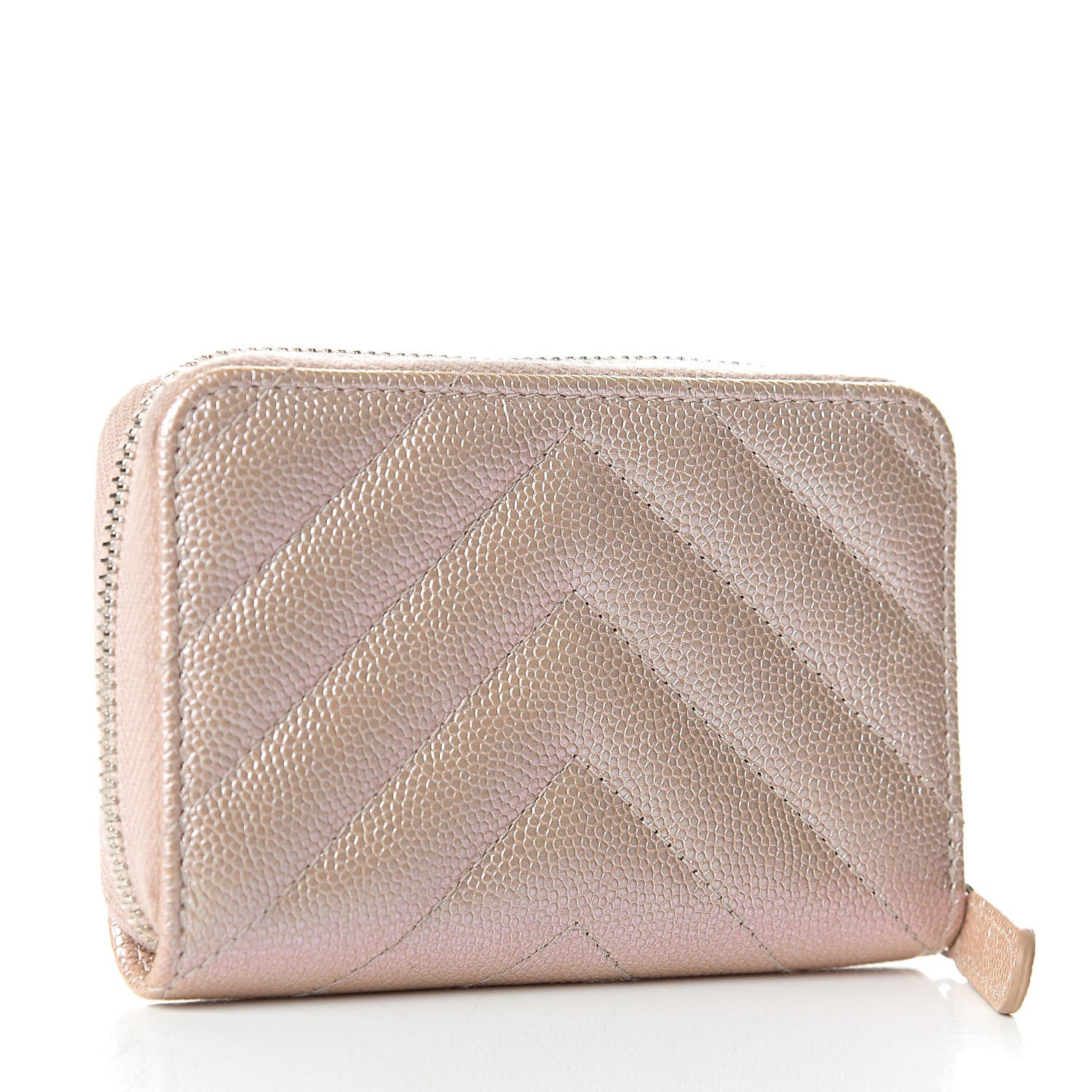 Chanel Metallic Caviar Chevron Quilted Zip Around Coin Purse Light Gold 3 of 8