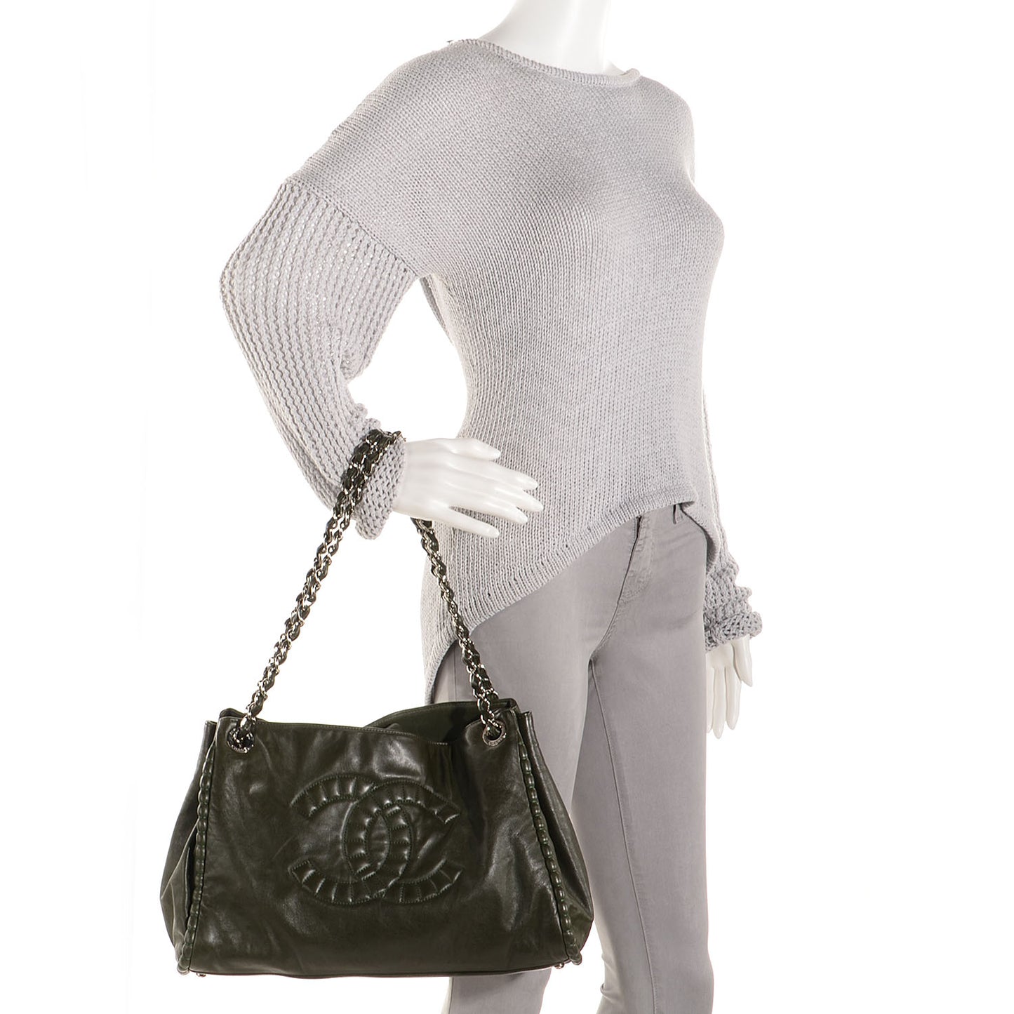Calfskin On The Bund Open Accordion Tote Dark Khaki