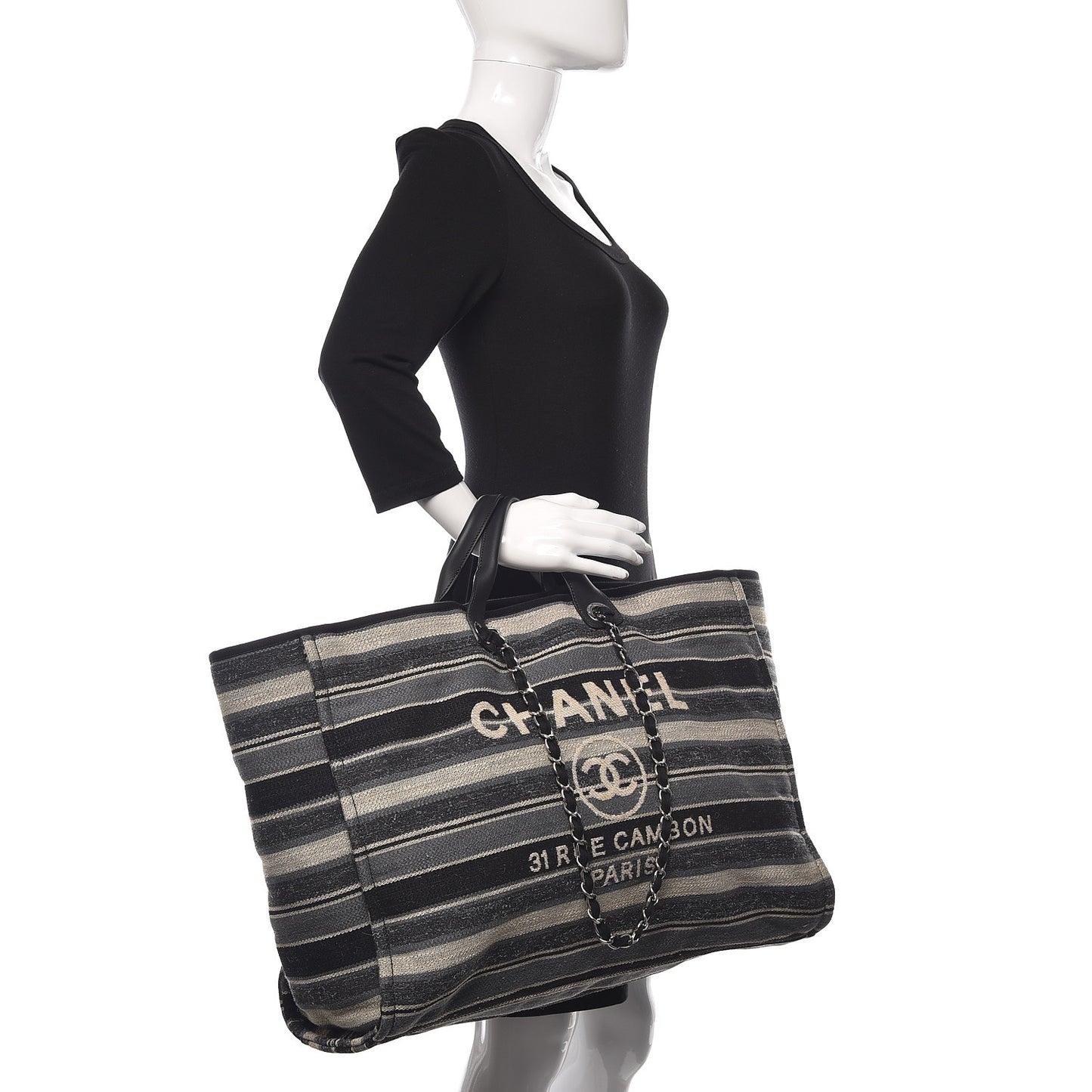 Canvas Striped Extra Large Deauville Tote Black Grey