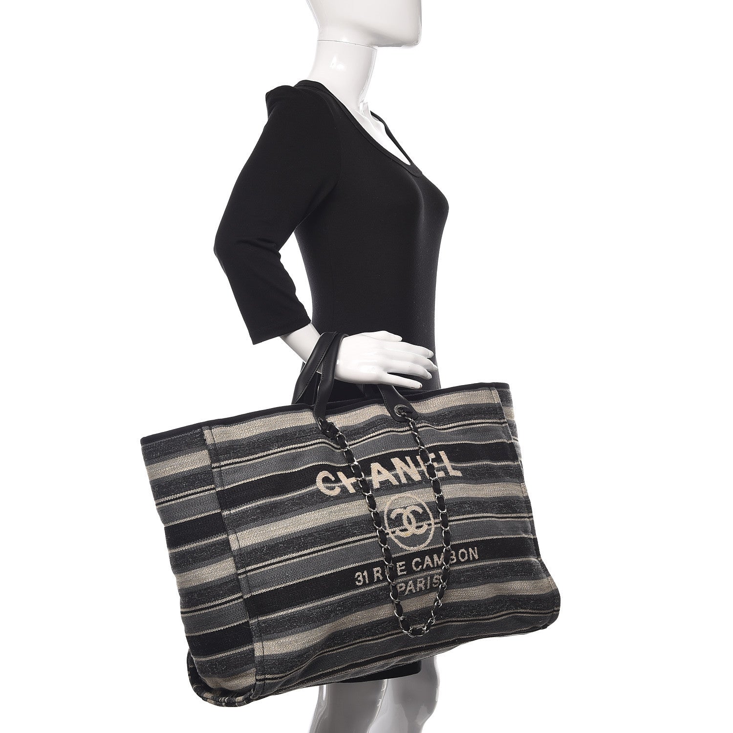 Chanel Canvas Striped Extra Large Deauville Tote Black Grey 2 of 10