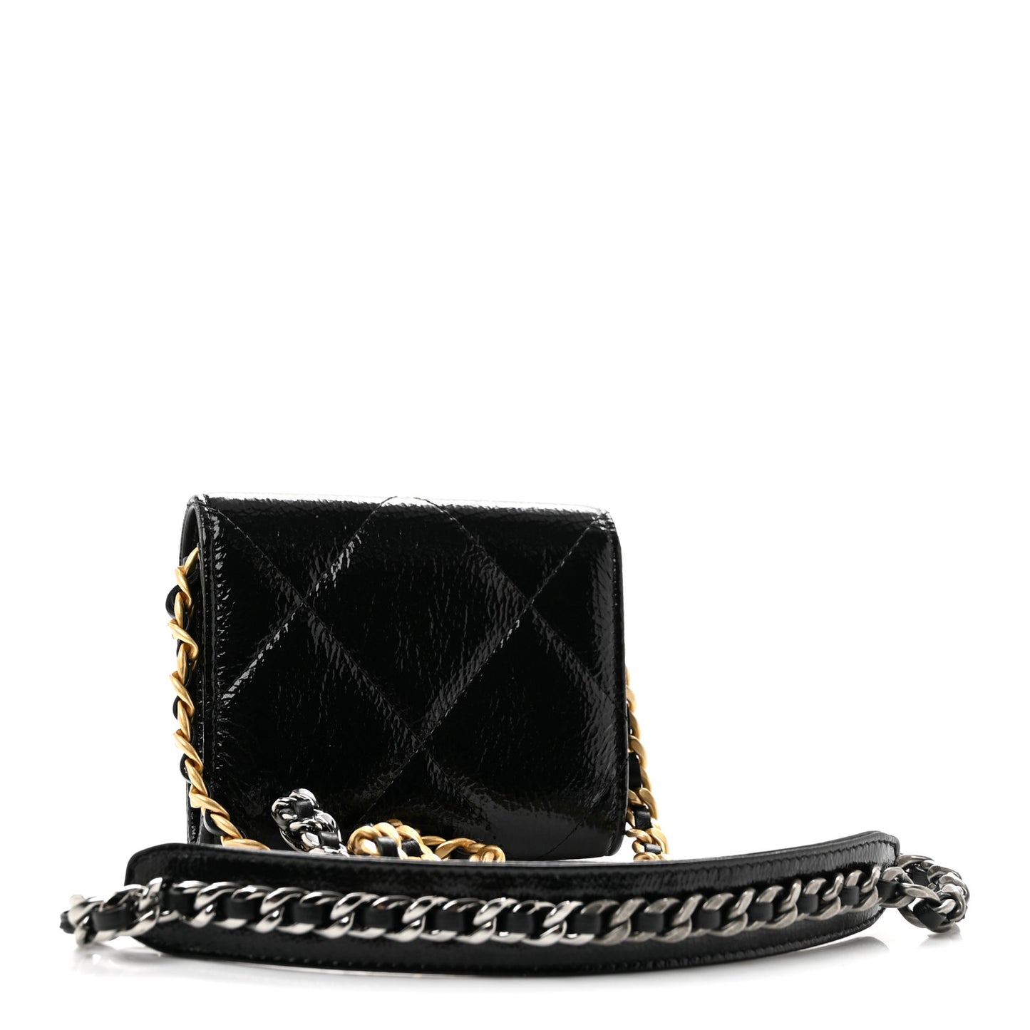 Shiny Crumpled Calfskin Quilted Chanel 19 Flap Coin Purse With Chain Black