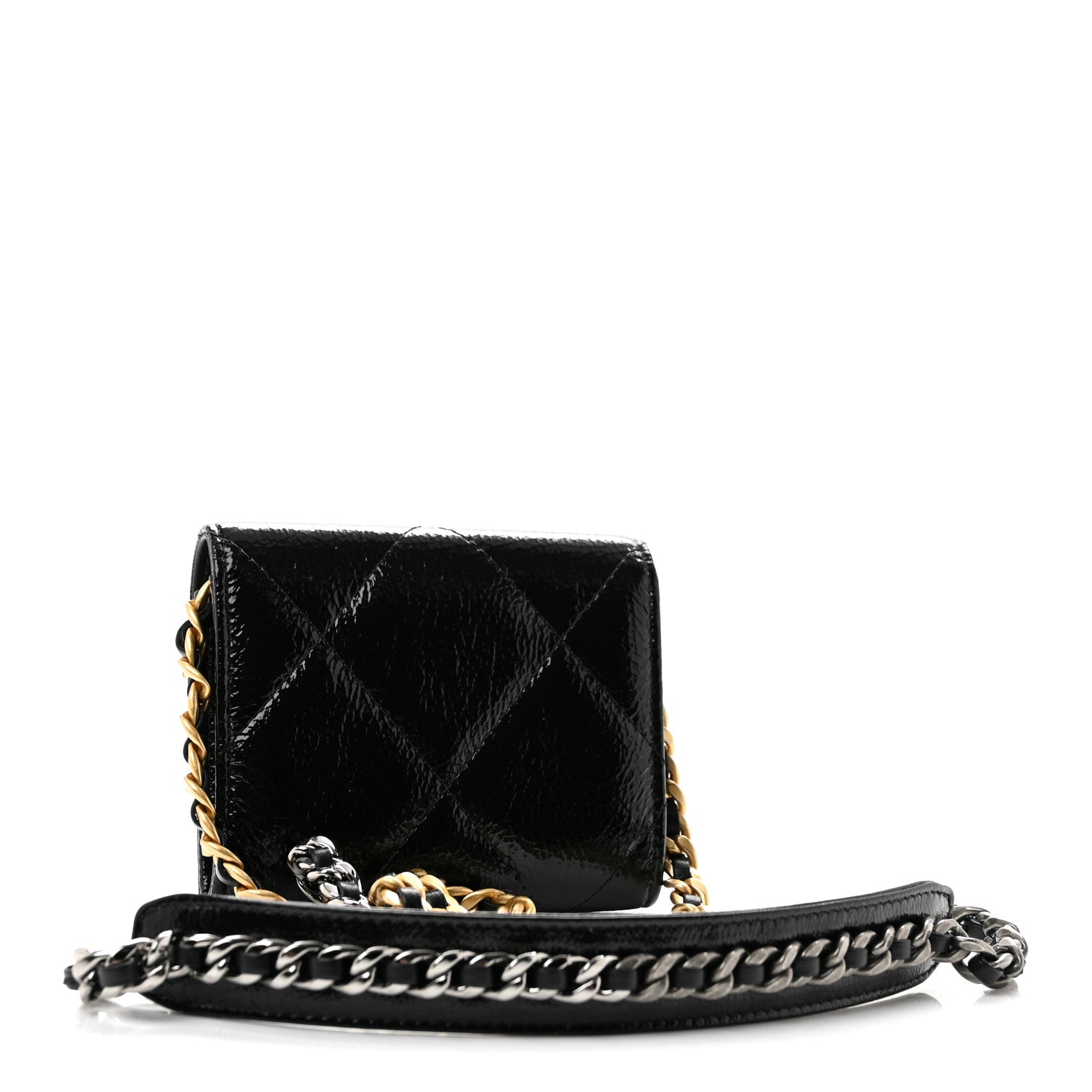 Chanel Shiny Crumpled Calfskin Quilted Chanel 19 Flap Coin Purse With Chain Black 2 of 10