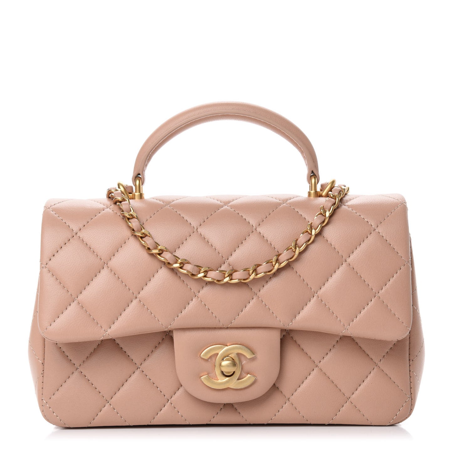 Lambskin Quilted Mini Top Handle Rectangular Flap Beige