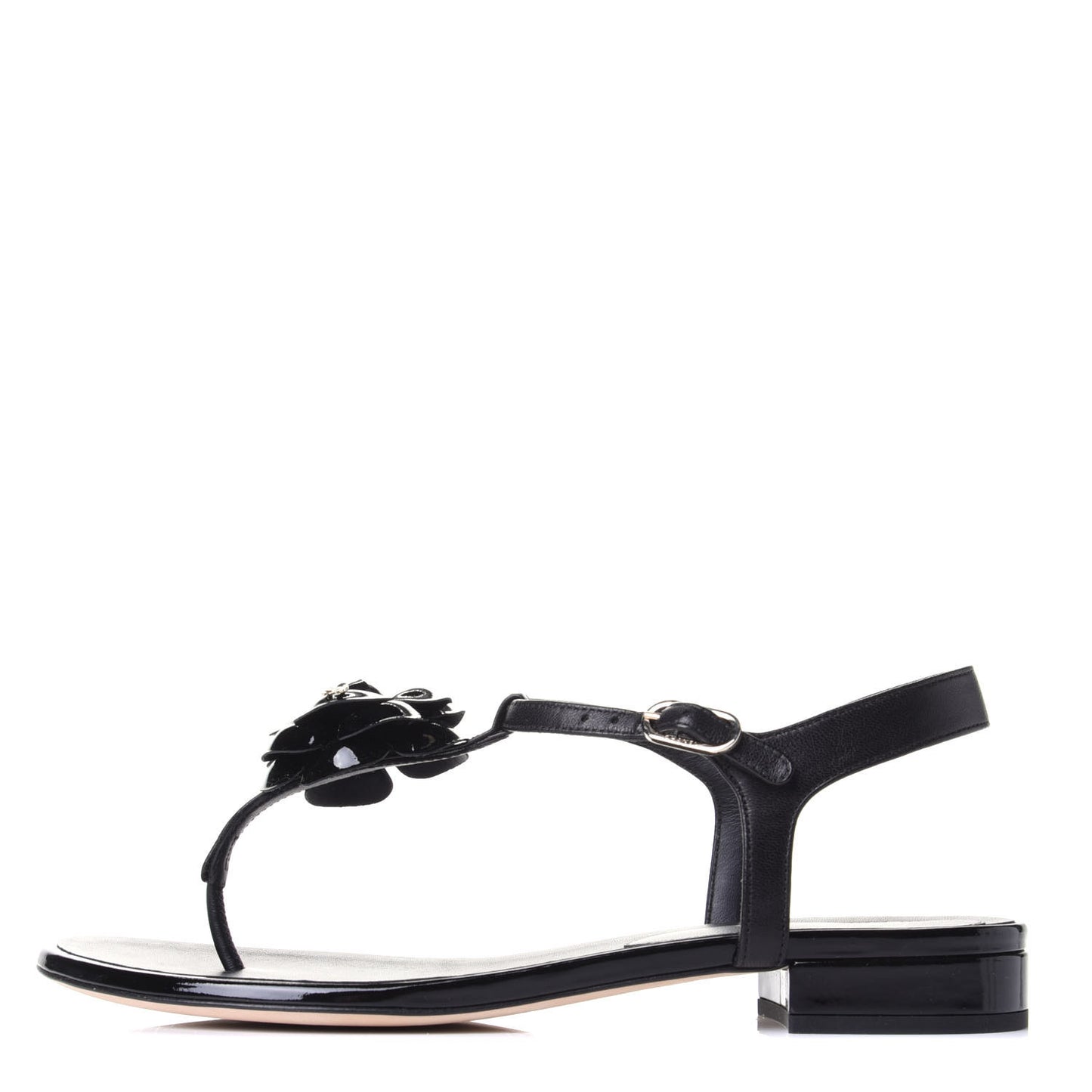 Patent Lambskin Camellia Thong Sandals 38.5 Black