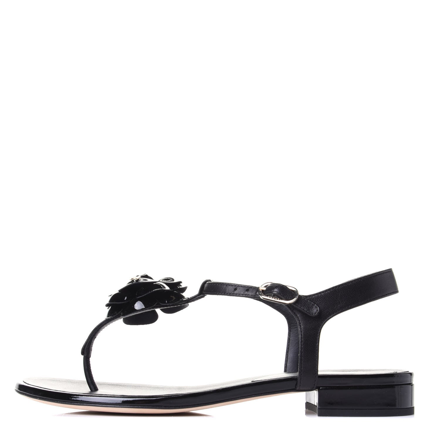 Chanel Patent Lambskin Camellia Thong Sandals 38.5 Black 1 of 6