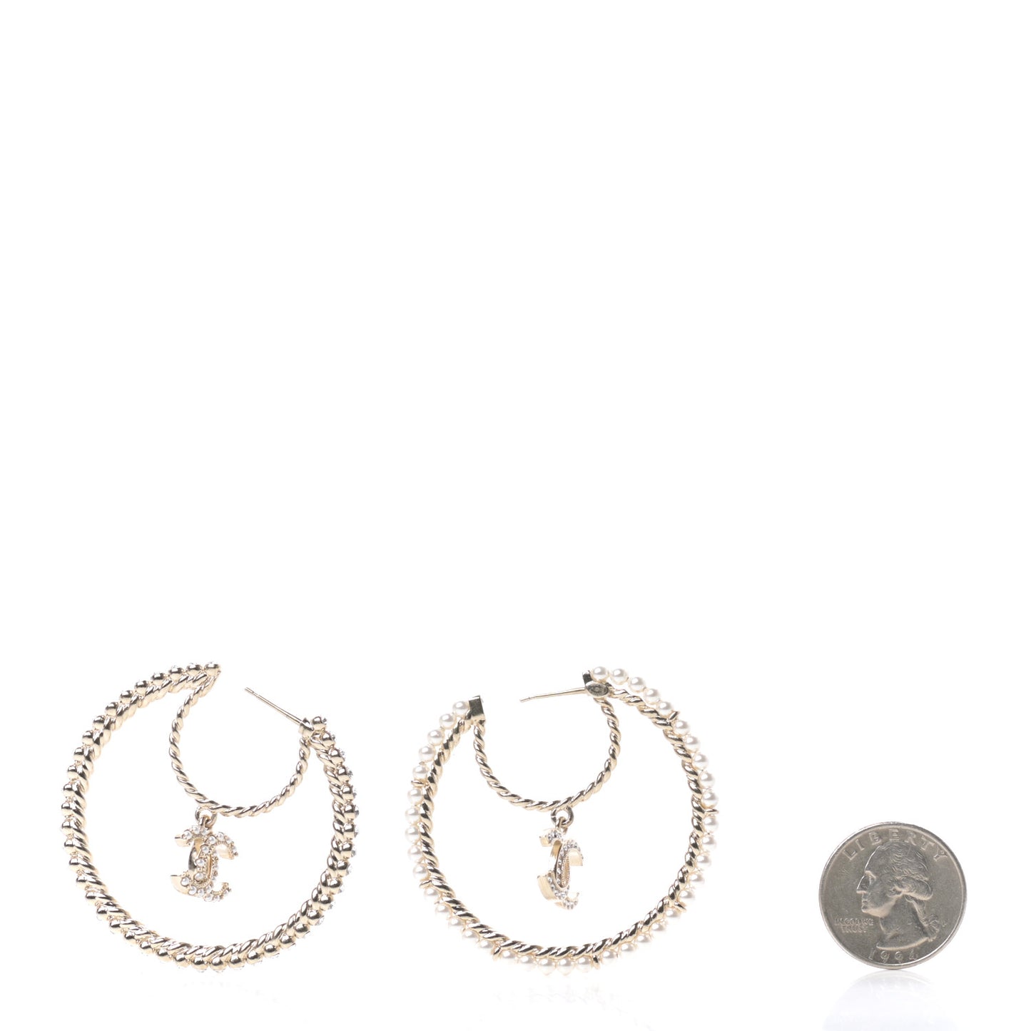 Crystal Pearl CC Drop Hoop Earrings Gold Pearly White