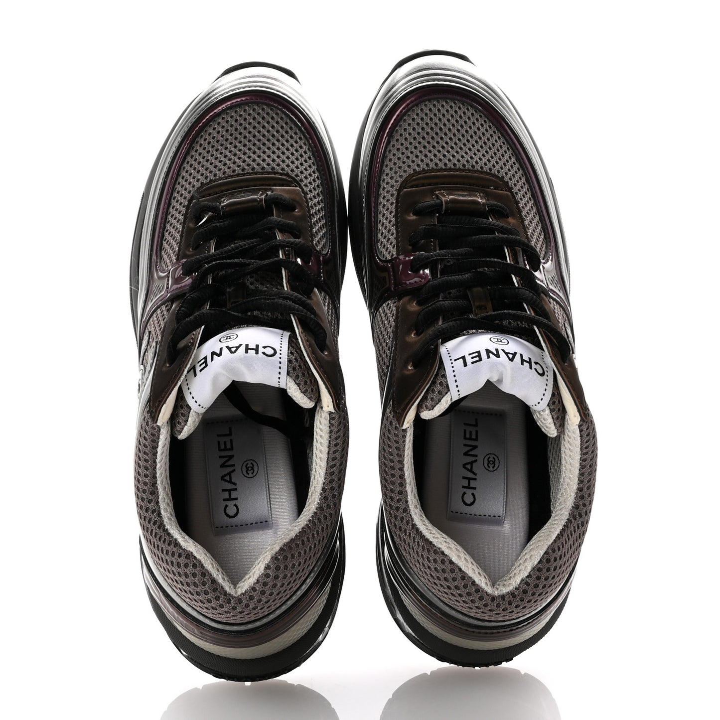 Fabric Laminated Calfskin Stretch CC Womens Sneakers 37.5 Khaki Silver Dark Purple