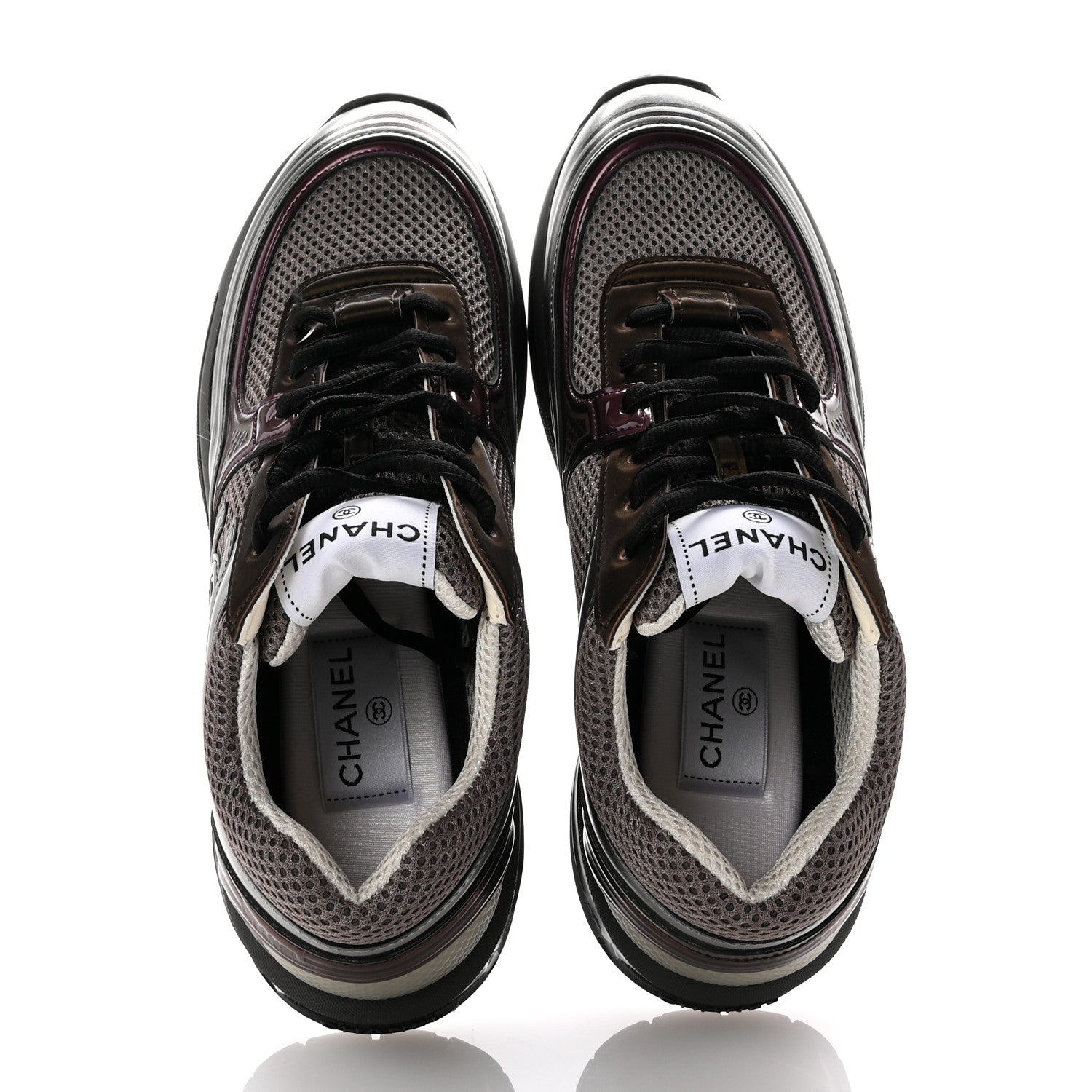 Chanel Fabric Laminated Calfskin Stretch CC Womens Sneakers 37.5 Khaki Silver Dark Purple 2 of 10