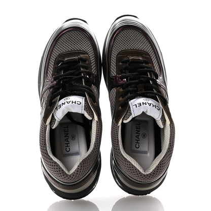 Chanel Fabric Laminated Calfskin Stretch CC Womens Sneakers 37.5 Khaki Silver Dark Purple 2 of 10