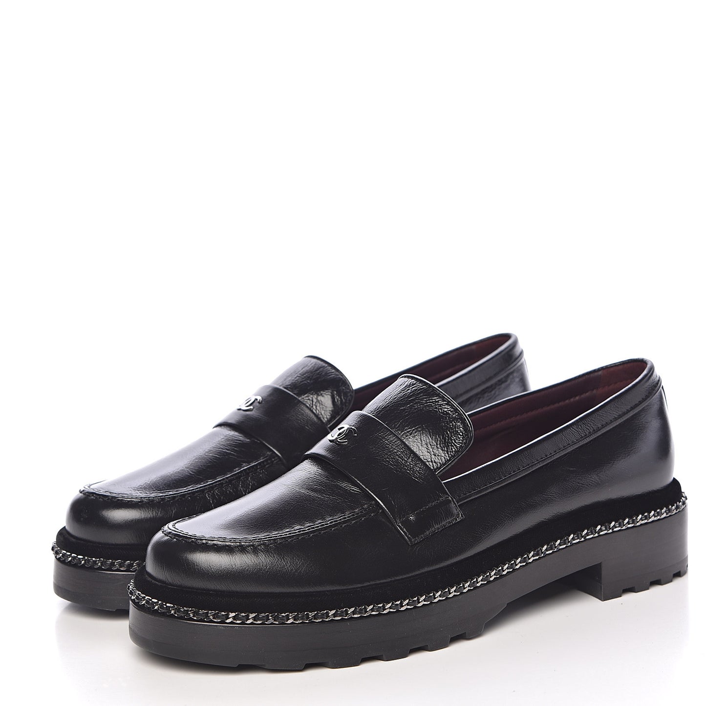 Crinkled Calfskin CC Chain Mocassin Loafers 39 Black