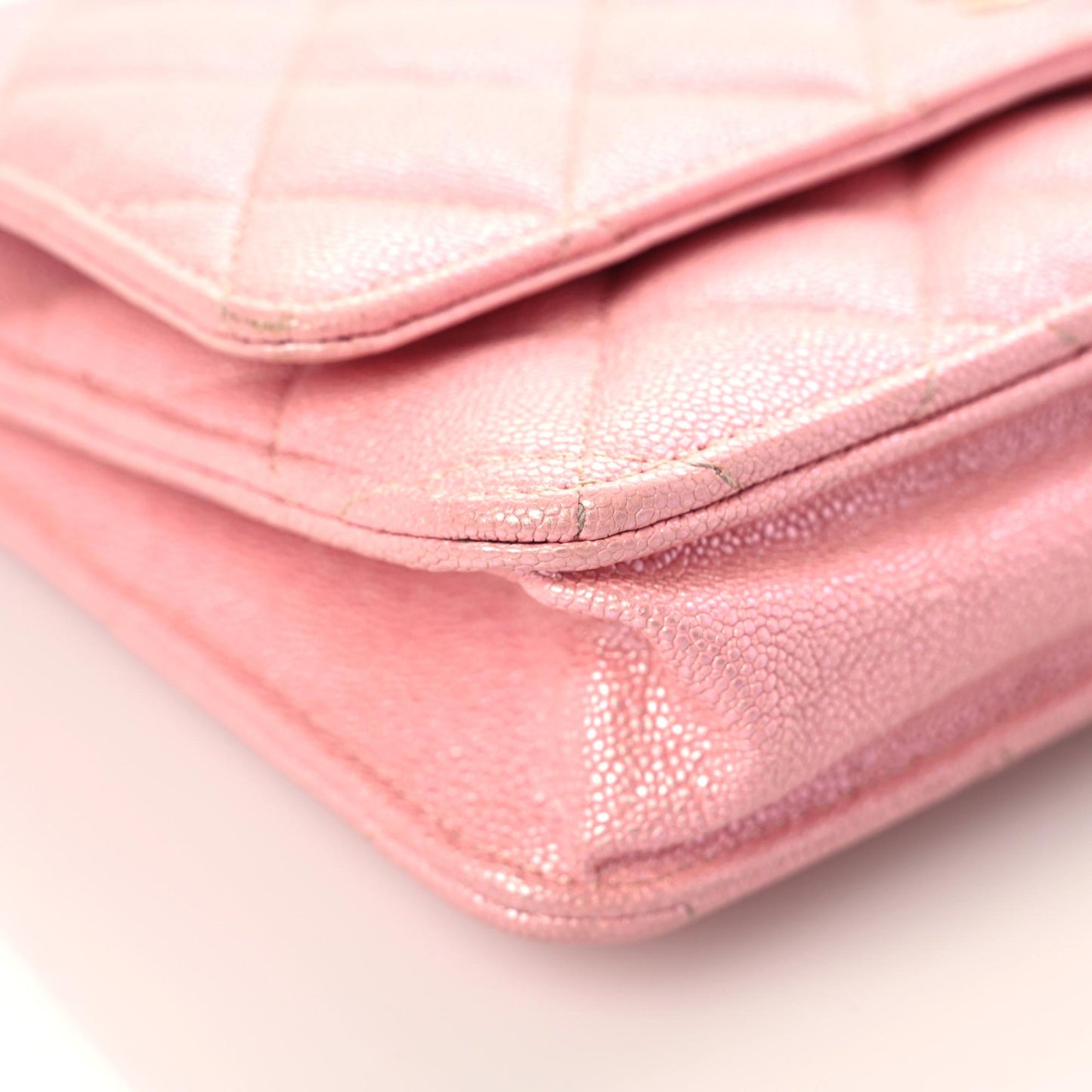 Iridescent Caviar Quilted Wallet on Chain WOC Rose Pink
