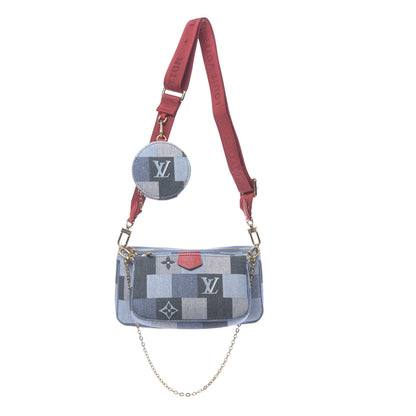 Louis Vuitton Denim Damier Monogram Patchwork Multi Pochette Accessories Blue Rouge 1 of 10