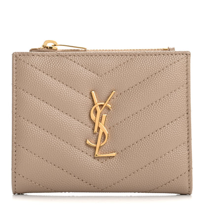 Saint Laurent Grain De Poudre Matelasse Chevron Monogram Zipped Card Case Dark Beige 1 of 9