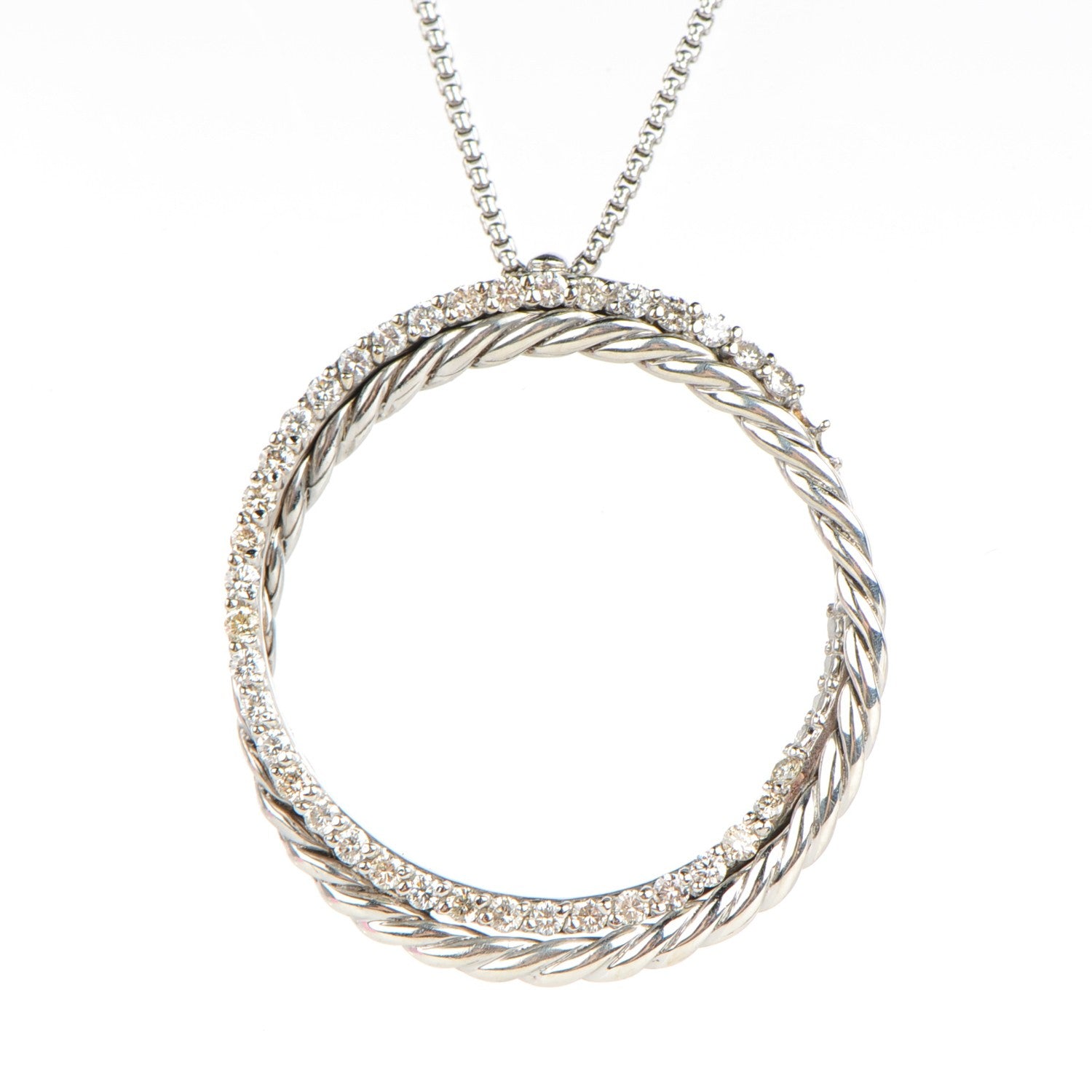 David Yurman Sterling Silver 14K White Gold Pave Diamond 25mm Crossover Circle Necklace 3 of 6