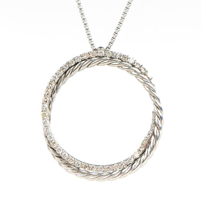 David Yurman Sterling Silver 14K White Gold Pave Diamond 25mm Crossover Circle Necklace 3 of 6
