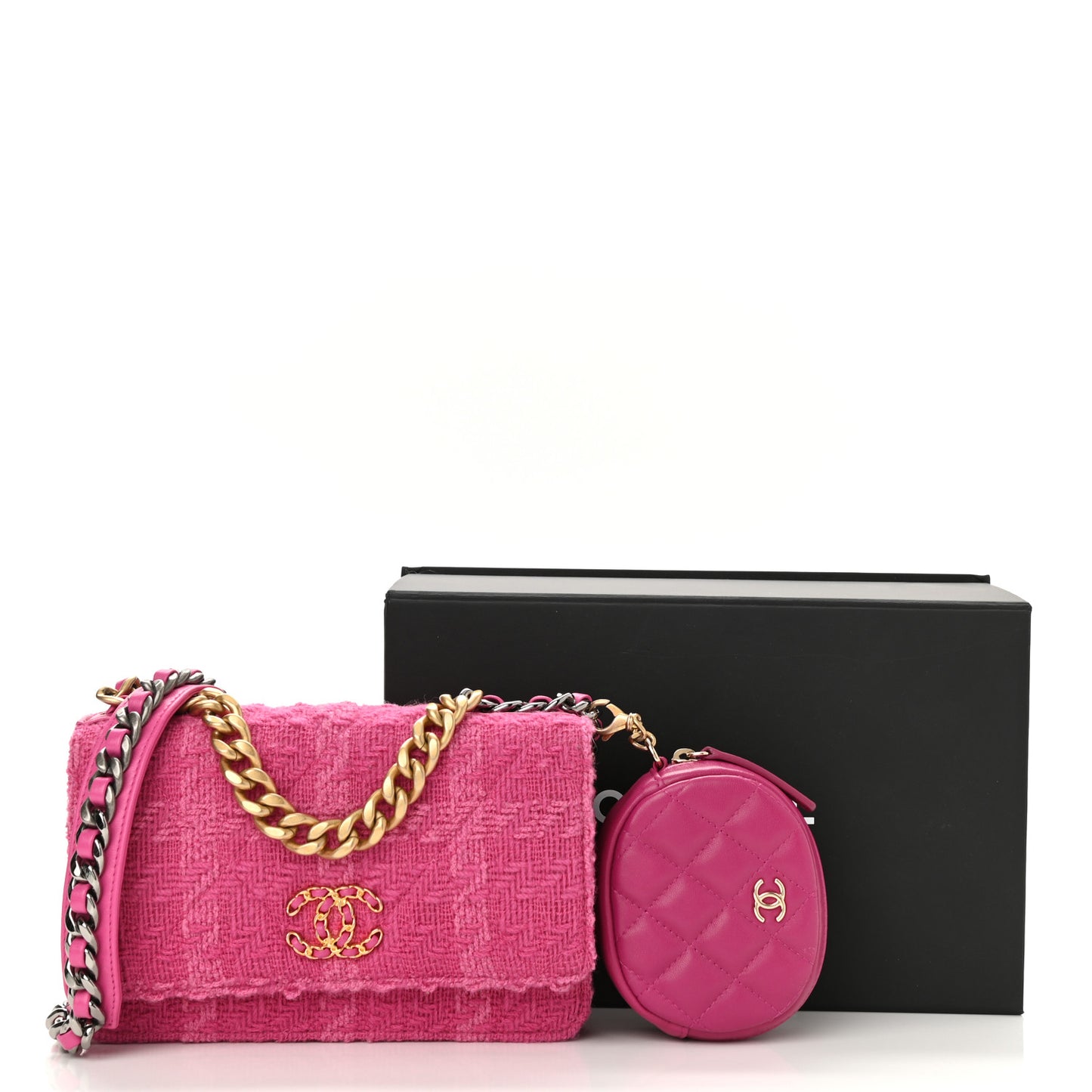 Wool Tweed Lambskin Quilted Chanel 19 Wallet On Chain WOC and Coin Purse Fuchsia