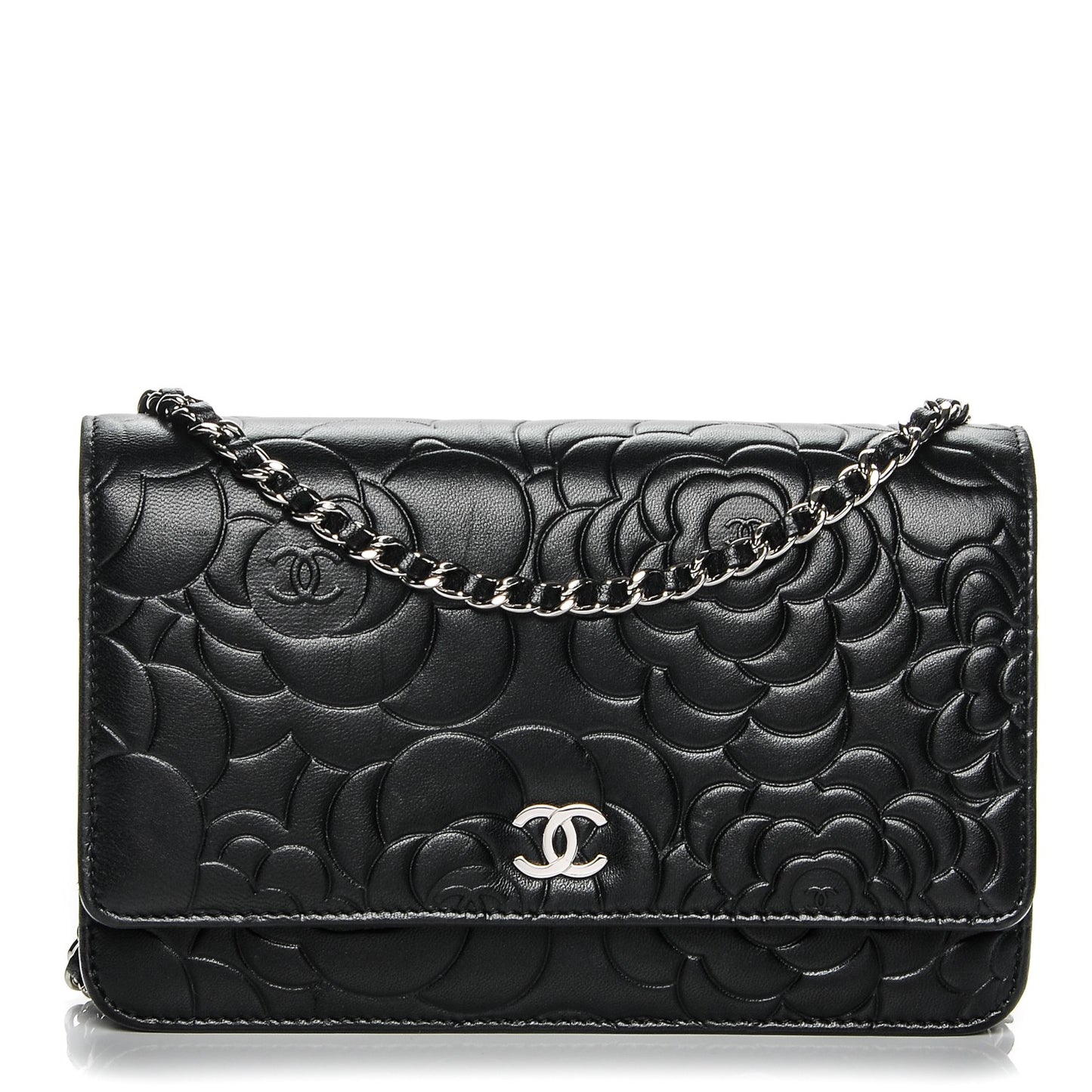 Lambskin Camellia Wallet on Chain WOC Black